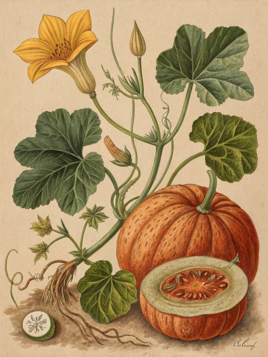 Planche d'herbier complète: Potiron de Hesbaye, plante entière avec racines, fruit et coupe