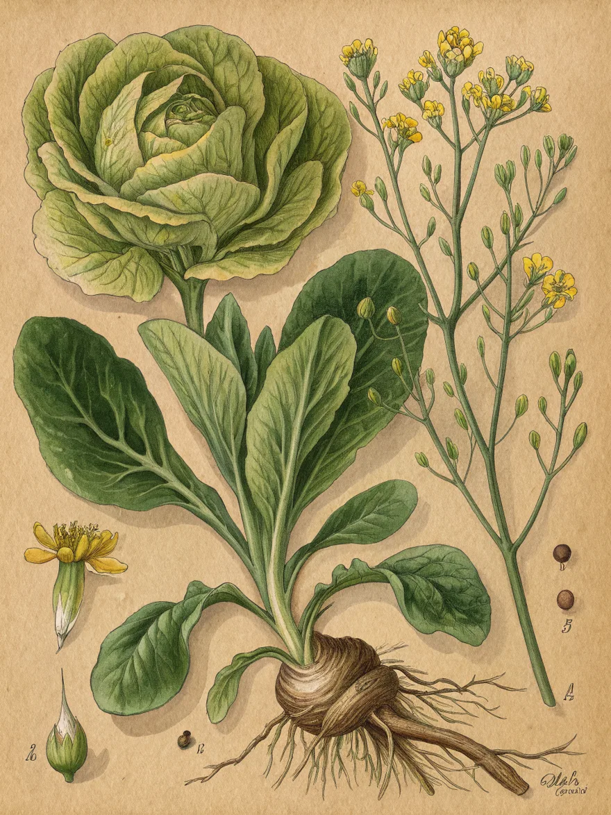 Planche d'herbier complète: Laitue Grosse Blonde Paresseuse, plante entière avec racines, fruit et coupe