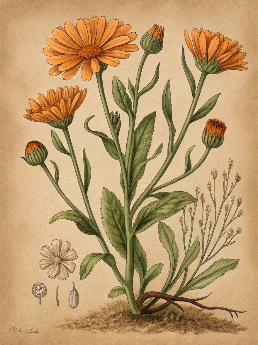 Planche d'herbier complète: Souci des Jardins, plante entière avec racines, fruit et coupe